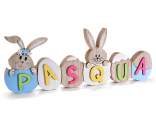 Pascua escrita en madera coloreada c/ huevos y conejitos