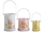 Set aus 3 Kerzenhaltern aus Milchglas mit Hase und Griff
