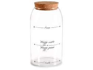 Glass food jar with cork stopper and writing