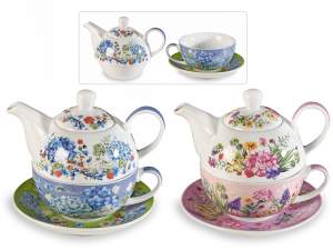 Porzellan-Set aus Tasse, Teekanne und Untertasse „Wildblumen
