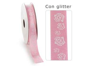 Pink glitter satin ribbon wholesaler