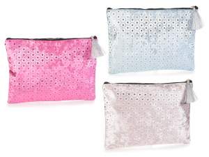 Clutch bag in velvety fabric and stars with zipper and tasse