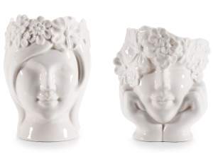 Face vase with wreath of flowers in glossy white porcelain
