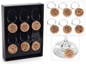 Box of 6 glass marker rings with cork pendant