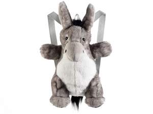 Plush donkey backpack with handle and zip on the back