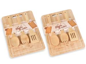 Cutting board set with 3 bamboo wood kitchen utensils