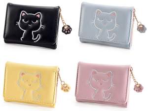 Faux leather wallet with embroidered kitten and paw pendant
