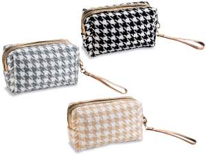 Beauty case in houndstooth fabric with zip and lanyard