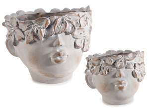 Set of 2 resin vases with face and flower crown