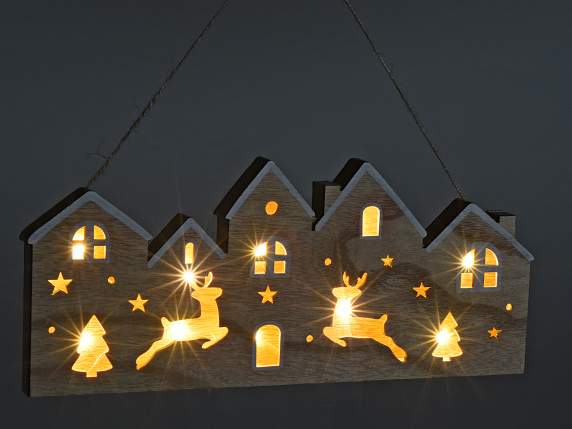 Pueblo navideño de madera con incrustaciones y luces LED par