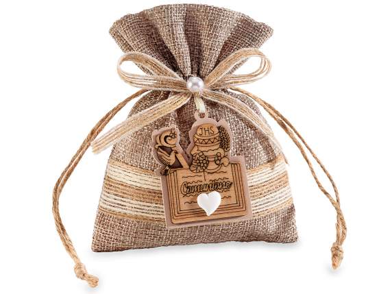 Bolsa de yute con adorno de Comunión de madera, lazo y corba