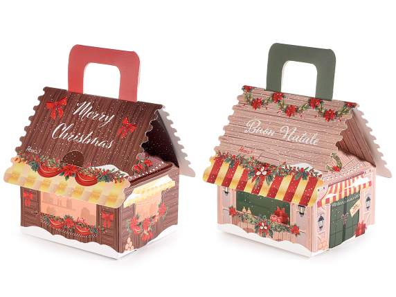 Caja casita con asa de papel con estampados navideños