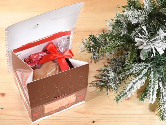 Caja casita con asa de papel con estampados navideños