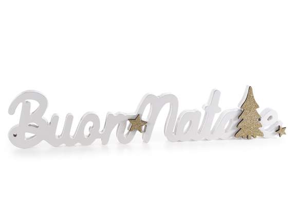 Escrito BuonNatale en madera con árbol y estrellas doradas