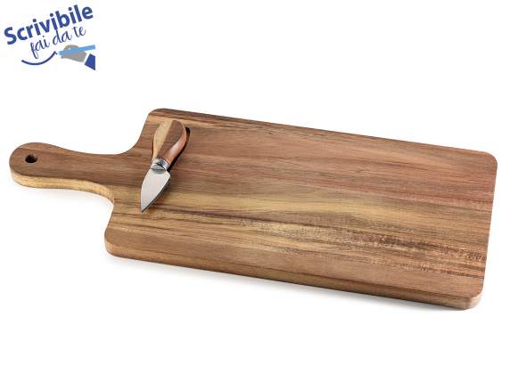Juego de tabla de cortar de madera de acacia con cuchillo.
