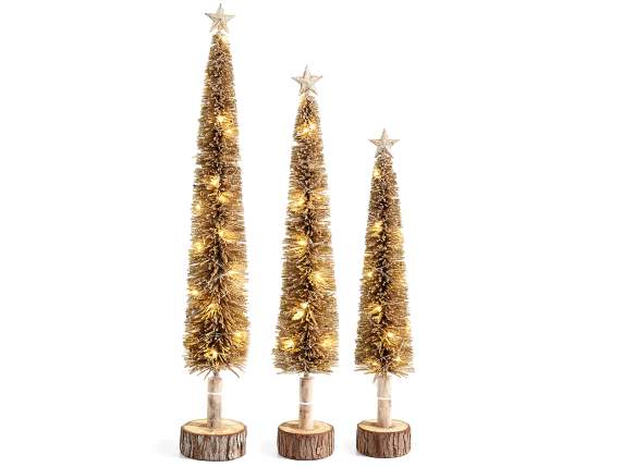Set 3 alberi con glitter dorati su base legno e luci LED