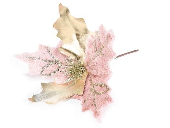 Poinsettia auriu și roz în blană ecologică moale cu sclipici