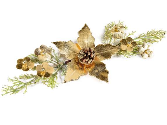 Ramura artificiala cu poinsettia, con de pin si flori aurii