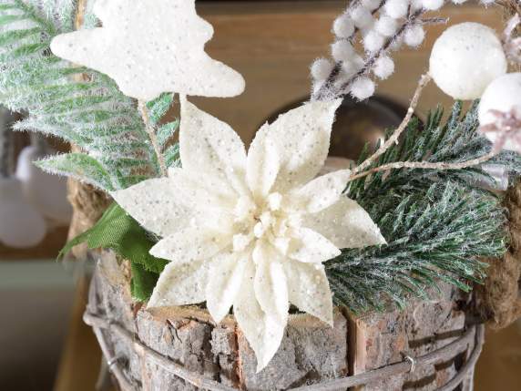 White artificial poinsettia w - berries and glitter decorati