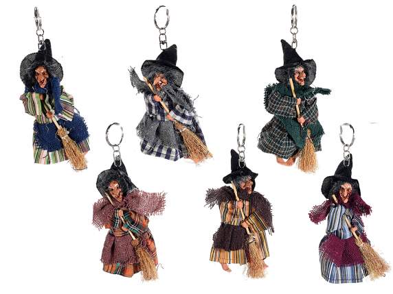 Keychain with Befana - witch in fabric and resin w - broom