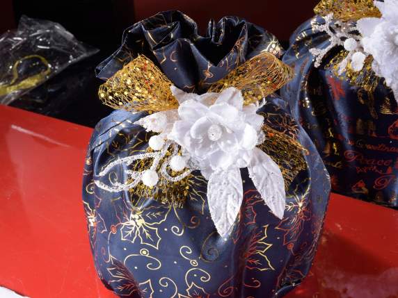 Bolso panettone de tela con estampado navideño dorado