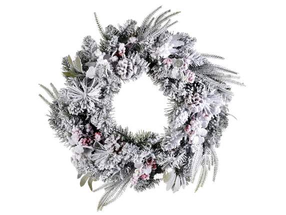 Snowy wreath with pine cones, red and white berries and LED