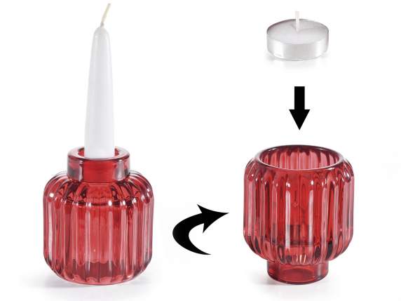 Knurled colored glass candle holder with dual use