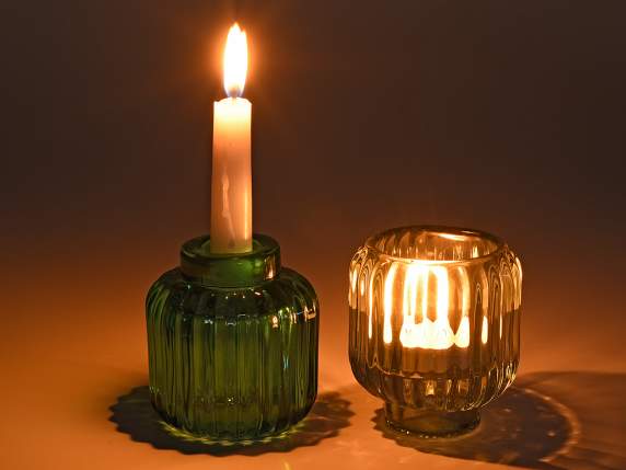 Knurled colored glass candle holder with dual use