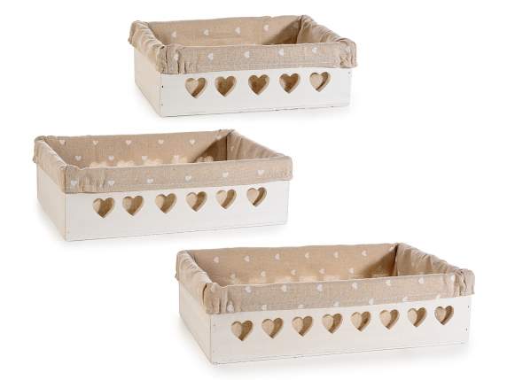 Set 3 cestini in legno bianco c-intagli cuore e stoffa ecrù