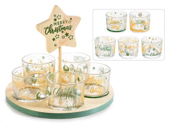 Aperitif set with 5 glass bowls with golden decorations on t