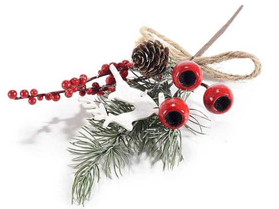 Pine sprig with red berries, pine cone and wooden reindeer