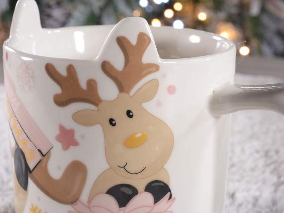 Pink Reindeer porcelain cup with matt gold-like decoration