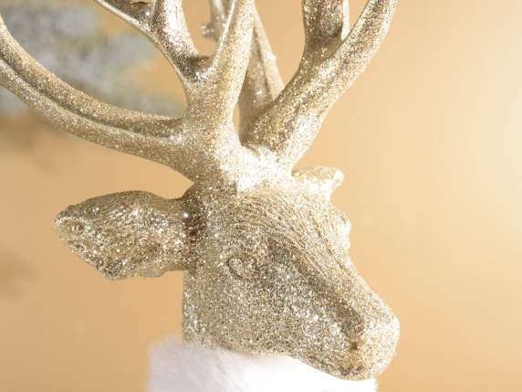 Reindeer in metallic resin to stand with eco-fur collar