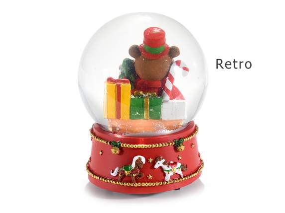 Snowball music box with Teddy on a decorated resin base