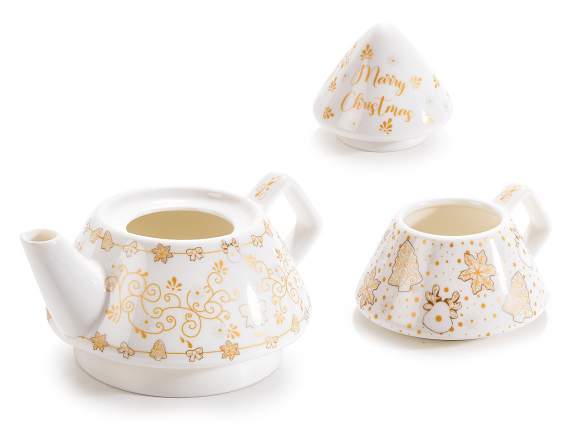 Porcelain teapot - cup set with matt gold-like decorations i
