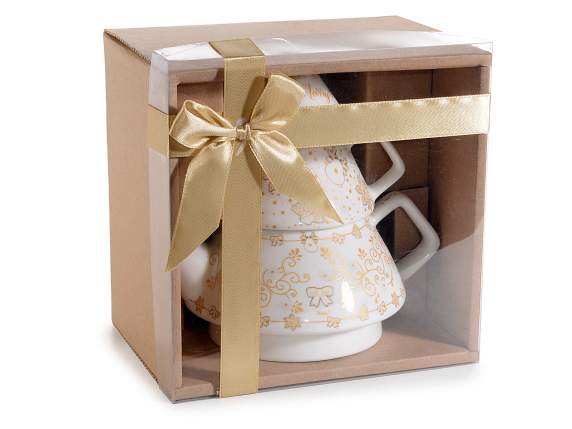 Porcelain teapot - cup set with matt gold-like decorations i