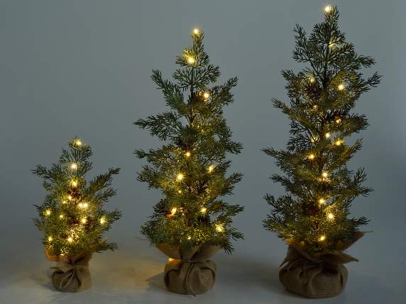 Set of 3 artificial Christmas trees w-LED lights and jute ba