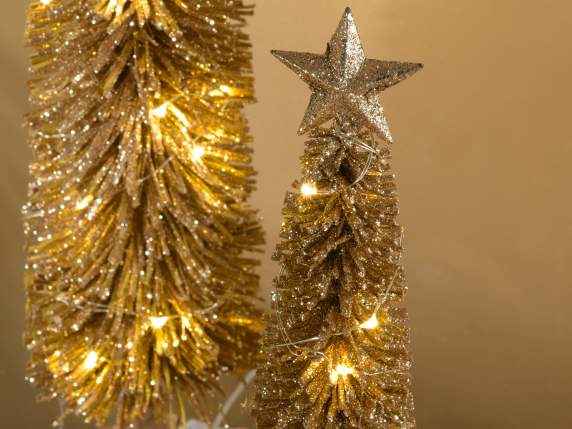 Set of 3 trees with golden glitter on a wooden base and LED