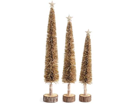 Set of 3 trees with golden glitter on a wooden base and LED