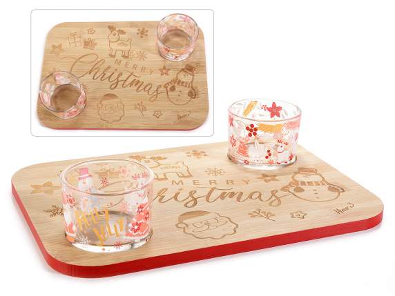 Aperitif set 2 glass bowls and carved wooden tray