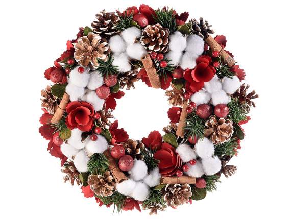 Garland of snowy pine cones w-flowers in red wood and cotton
