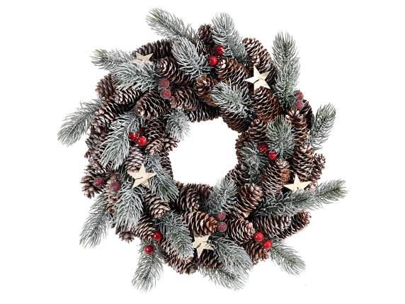 Garland with snowy pine and pine cones, red berries and star