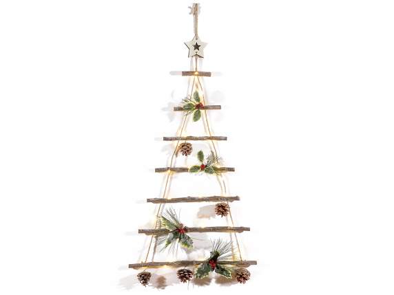 Pom de Crăciun din lemn, cu decorațiuni înzăpezite și lumini