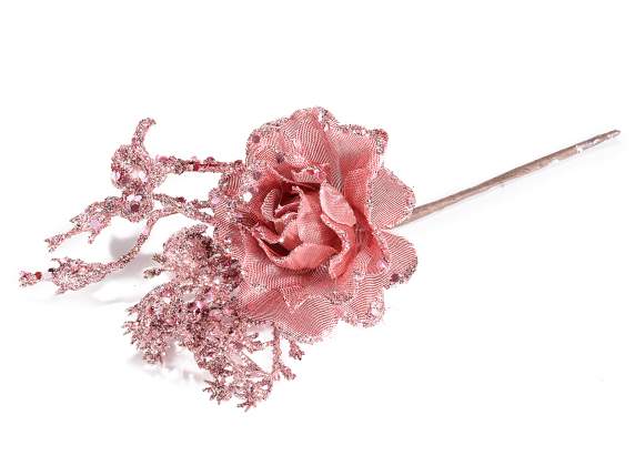 Trandafir artificial din stofa cu chenar cu sclipici si fruc