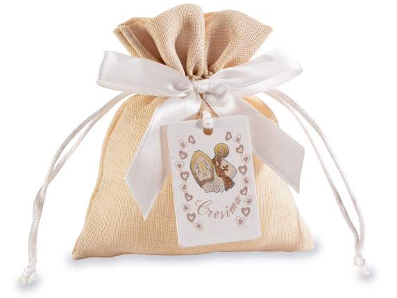 Cotton bag with bow, tie rod and wooden Confirmation tag