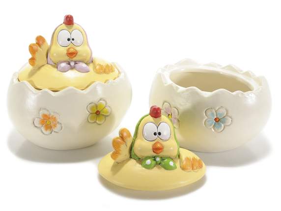 Tarro para huevos con gallina de cerámica y detalles florale