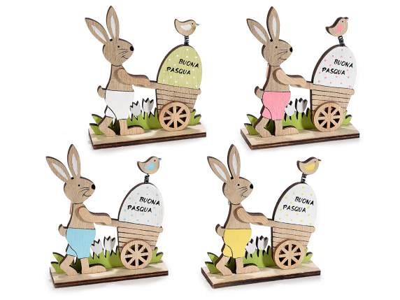 Lapin en bois coloré avec chariot et clip Joyeuses Pâques