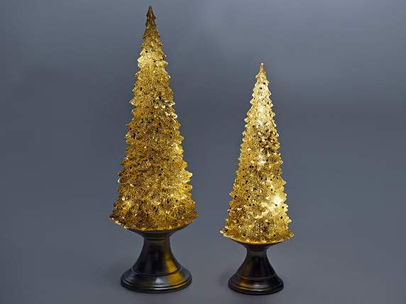 Set aus 2 Bäumen aus goldenem Harz mit LED-Licht und Glitzer