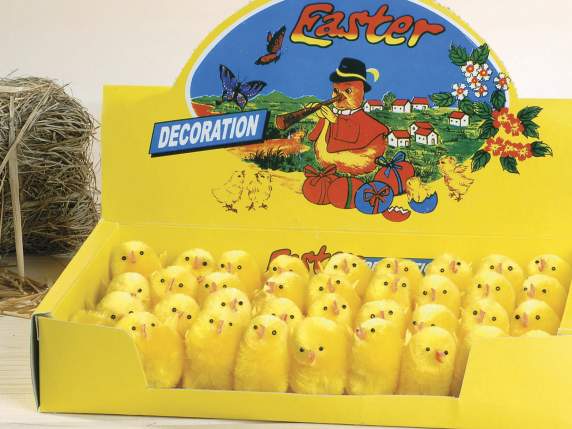 Table display  with 36 decorative chicks.