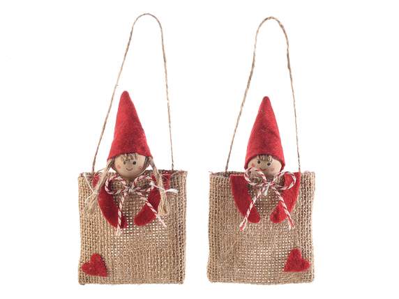 Jute handbag decoration with elf to hang